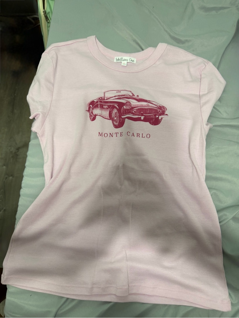 Rebellious One Monte Carlo Car Tee - Light Pink with Burgundy Graphic